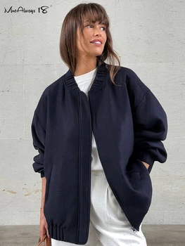 Mnealways18 Уличная темно-синяя хлопковая куртка на молнии, женская винтажная верхняя одежда с заниженным плечом и воротником-стойкой, осень-зима 2023, повседневное пальто