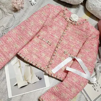 Короткая куртка из шерстяного твидового трикотажа в розовую полоску для женщин с длинным рукавом, милое осеннее пальто-кардиган 2023