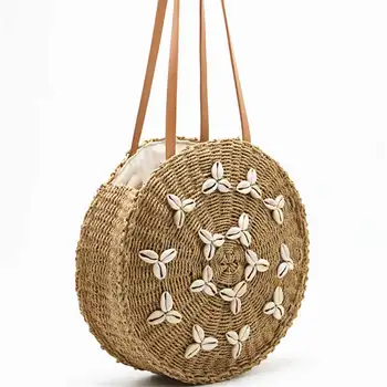 Круглая соломенная пляжная сумка, летняя тканая сумка ручной работы из ракушки, сумка-тоут из ротанга для девочек, плетеная сумка-тоут с застежкой-молнией