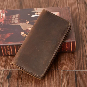 Мужской кошелек из натуральной кожи Crazy horseskin в деловом стиле в стиле ретро с несколькими картами, длинный кошелек, мужская повседневная сумка, мужская сумка