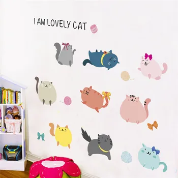 Милый кот, играющий на стене, Наклейки для украшения детской спальни, Настенные росписи домашних животных, Плакат из ПВХ 