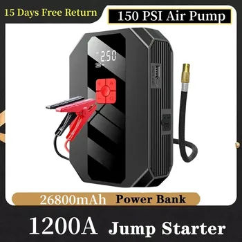 4 В 1 1200A Jump Starter Power Bank 26800 мАч 150 фунтов на квадратный дюйм Воздушный компрессор шинный насос Портативное зарядное устройство пусковое устройство для автомобильного ускорителя